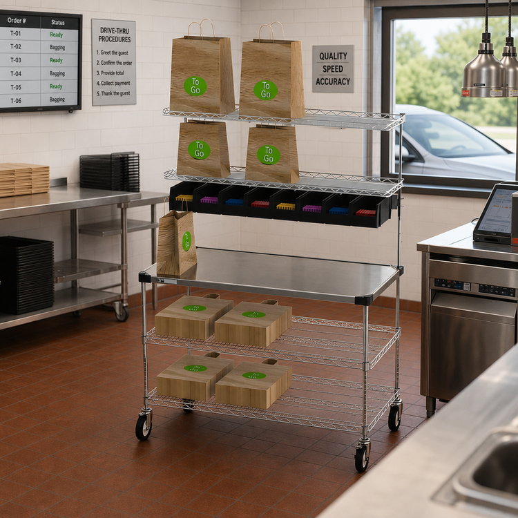 Product image #3 for Metro Chain Reaction Mobile Order Staging Cart / Drive-Thru Station with Solid Stainless Steel Top, 48 x 24 Inch