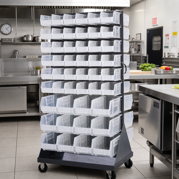 Product image #2 for Quantum Double-Sided Louvered Rack with Casters and Bins, 36 x 30 x 72 Inches, 1200 lb Capacity
