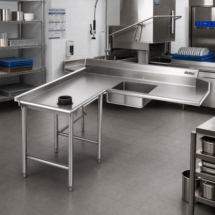 Product image #2 for Eagle Group Left-Hand Island Soiled Dishtable with 20" x 20" x 5" Prerinse Sink, 84-Inch Machine-to-Corner, 16/304 Stainless Steel