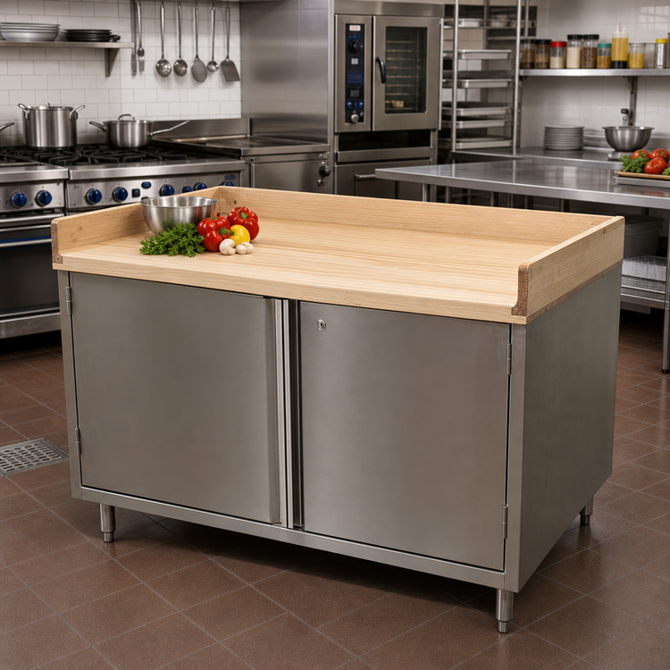 Product image #2 for BK Resources 60-Inch x 36-Inch Hard Maple Wood Top Chef Table with Locking Cabinet Base and Hinged Doors