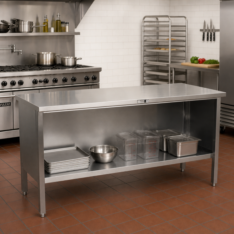 Product image #2 for John Boos 96-Inch x 24-Inch 14-Gauge Stainless Steel Open Front Enclosed Base Work Table
