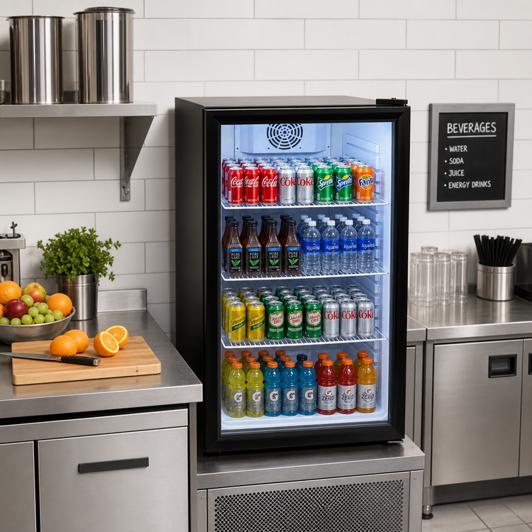 Product image #2 for Omcan Black Countertop Reach-In Refrigerated Display Refrigerator, 4.59 Cu. Ft., 1 Hinged Glass Door