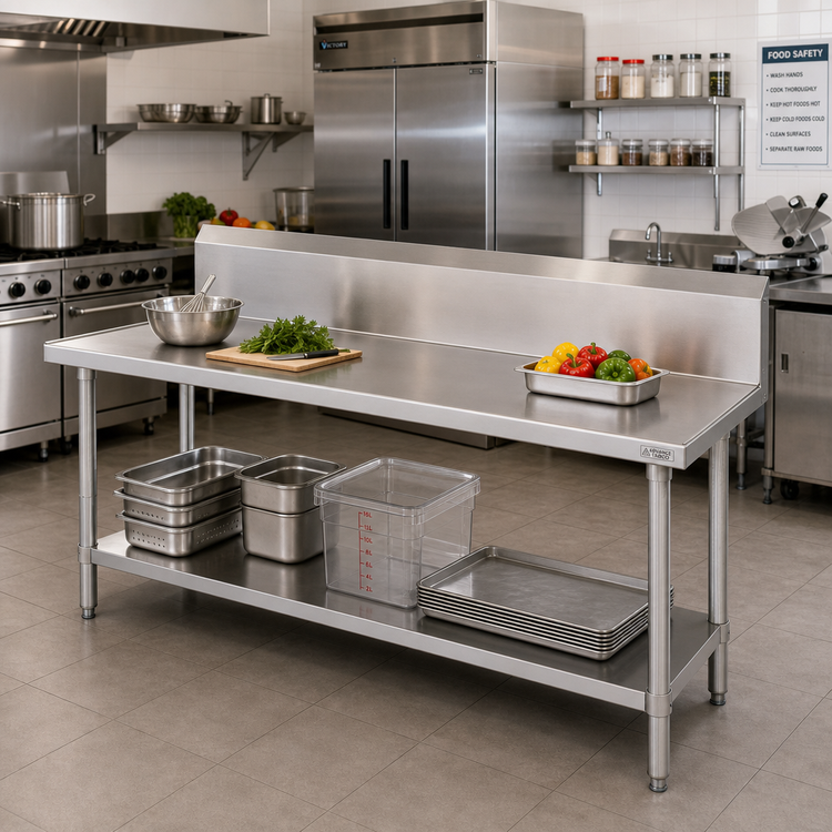 Product image #2 for Advance Tabco VKS-3610 120-Inch x 36-Inch 14-Gauge 304 Stainless Steel Work Table with 10-Inch Backsplash and Undershelf