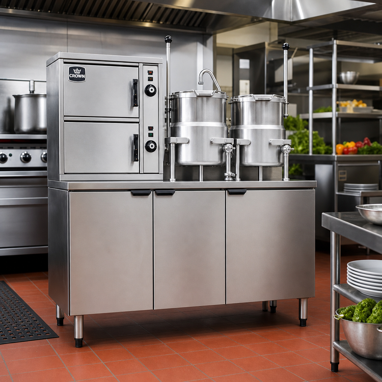 Product image #2 for Crown ECX-2-6-6 Electric Two-Compartment Convection Steamer with Dual 6 Gallon Kettles and Cabinet Base