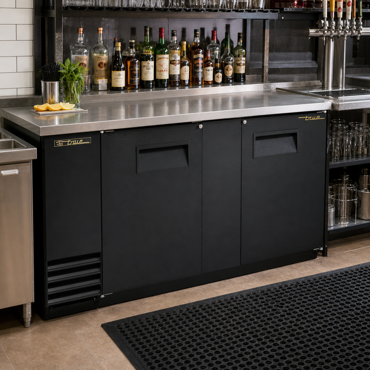 Product image #2 for True Two-Section 2-Door Back Bar Cooler with Stainless Steel Top, Self-Contained Side-Mounted Refrigeration, 69-1/8 Inch Wide