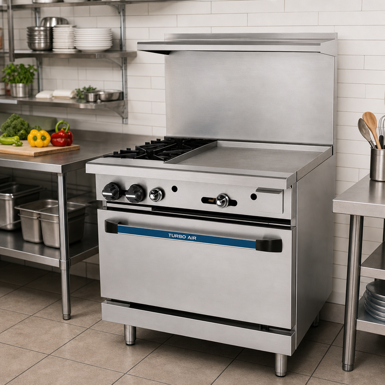 Product image #2 for Turbo Air Radiance 36-Inch Natural Gas Combination Restaurant Range with 24-Inch Left Griddle, 2 Open Burners, and Standard Oven