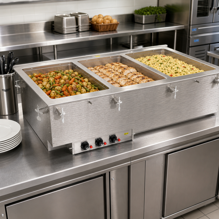Product image #2 for Vollrath Three-Well Electric Drop-In Hot Food Well with Thermostatic Controls, 3 Full-Size Insulated Marine-Grade Stainless Steel Wells, and Manifold Drain