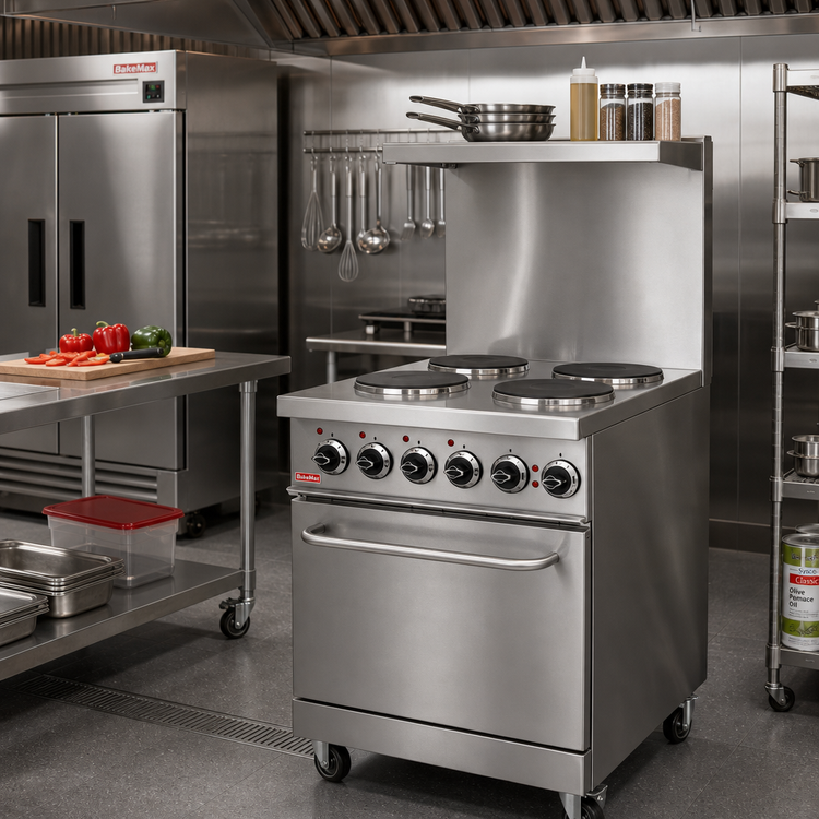 Product image #2 for BakeMax 24-Inch 4-Burner Commercial Electric Range with Oven, Stainless Steel, High Riser Shelf, and Locking Casters