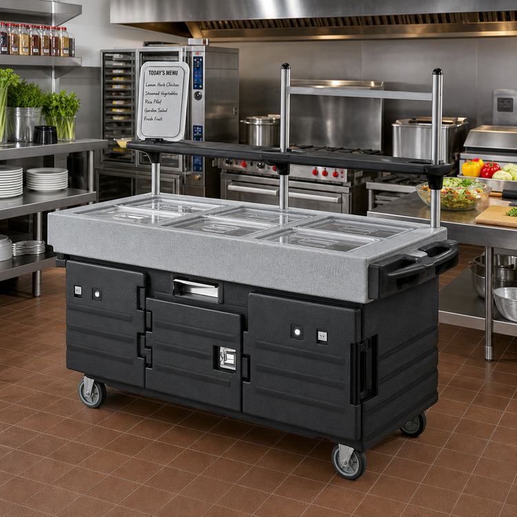 Product image #2 for Cambro CamKiosk® 6-Pan Well Insulated Mobile Food Cart, No Roof, Black Base with Granite Gray Top and Doors