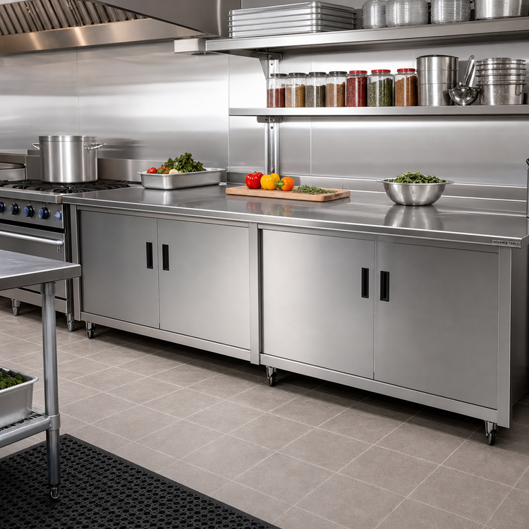 Product image #2 for Advance Tabco Enclosed Work Table with Cabinet Base, Mid-Shelf and Hinged Doors, 108 x 36 Inches, 14 Gauge 304 Stainless Steel Flat Top