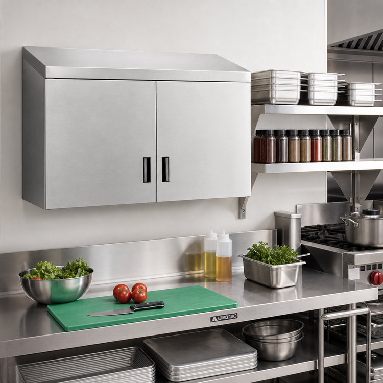 Product image #2 for Advance Tabco Wall-Mounted Enclosed Stainless Steel Cabinet with 2 Hinged Doors and Intermediate Shelf, 36 x 15 Inches
