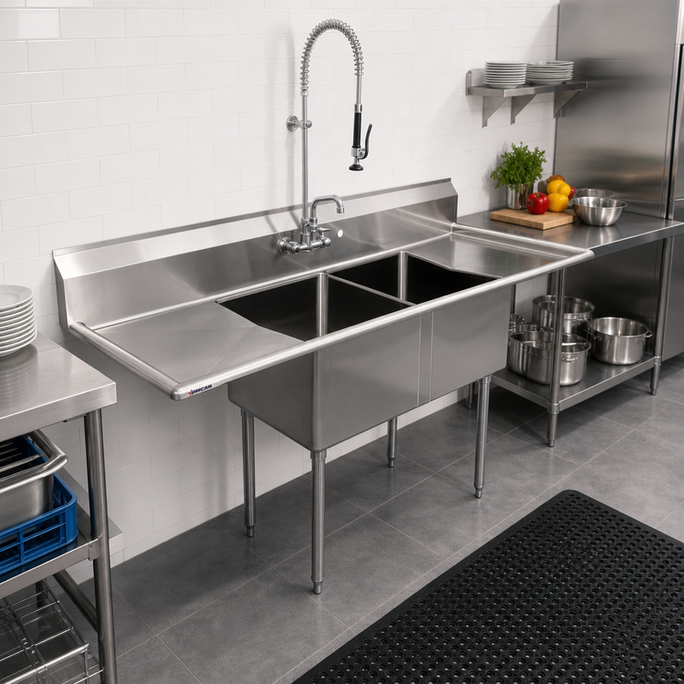 Product image #2 for Omcan USA 2-Compartment Pot Sink with Left and Right Drainboards, 24 x 24 x 14-Inch Bowls