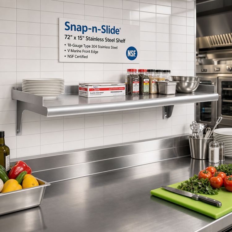 Product image #2 for Snap-n-Slide 72-Inch x 15-Inch Wall-Mounted Stainless Steel Shelf with V Marine Front Edge