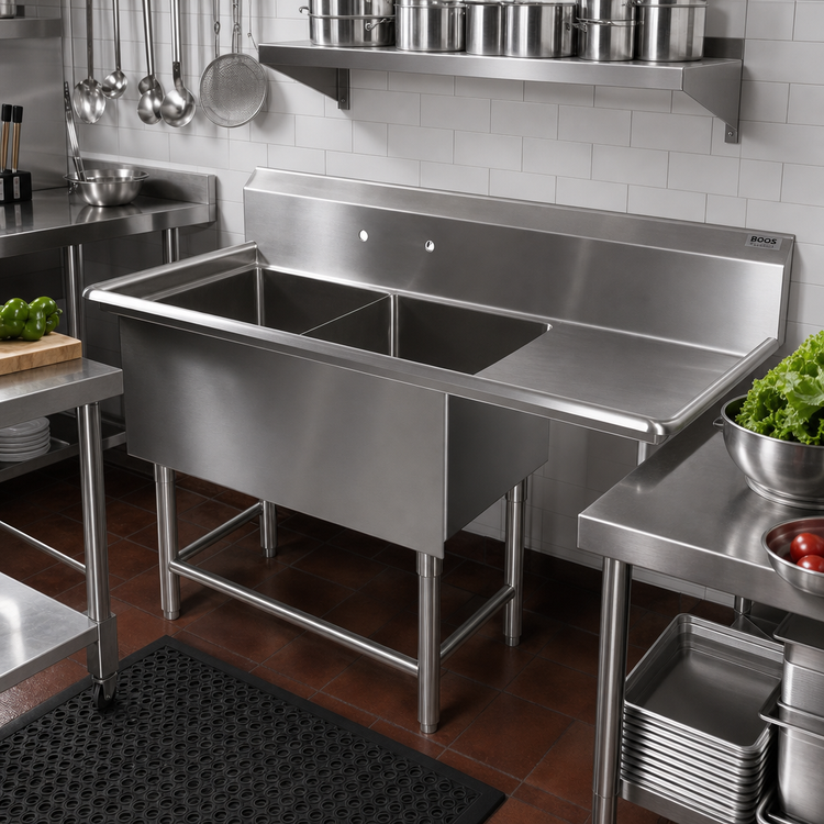 Product image #2 for John Boos Pro-Bowl 2-Compartment Stainless Steel Sink with Right Drainboard and 10-Inch Backsplash