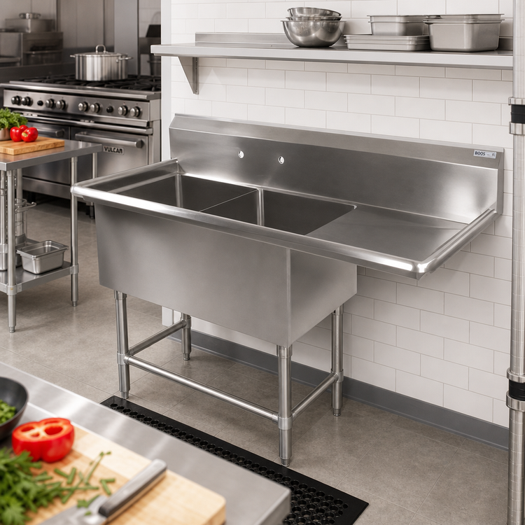 Product image #2 for John Boos Pro-Bowl 2-Compartment Stainless Steel Sink with Right Drainboard and 10-Inch Backsplash