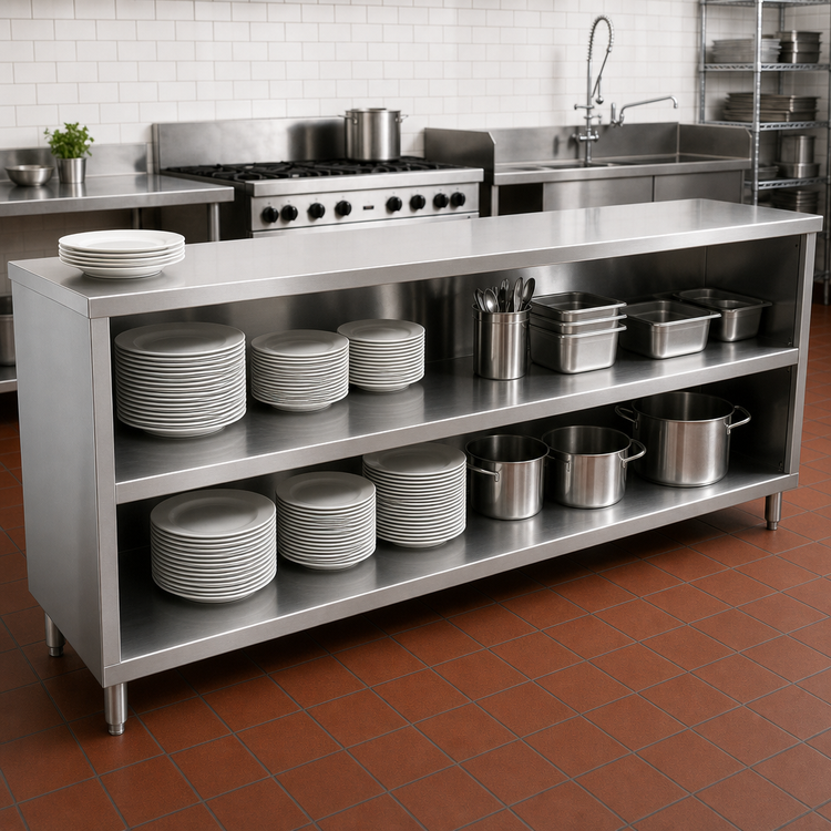 Product image #2 for John Boos Open Front Stainless Steel Dish Cabinet with Mid-Shelf, 108 Inch W x 15 Inch D x 35 Inch H