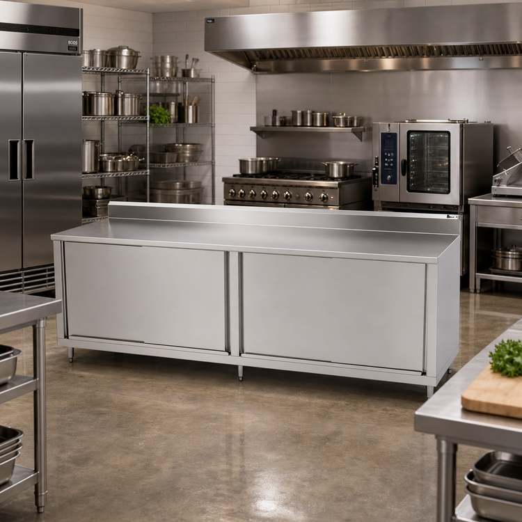 Product image #2 for John Boos 108" x 36" Stainless Steel Enclosed Work Table with Sliding Doors and 5" Backsplash