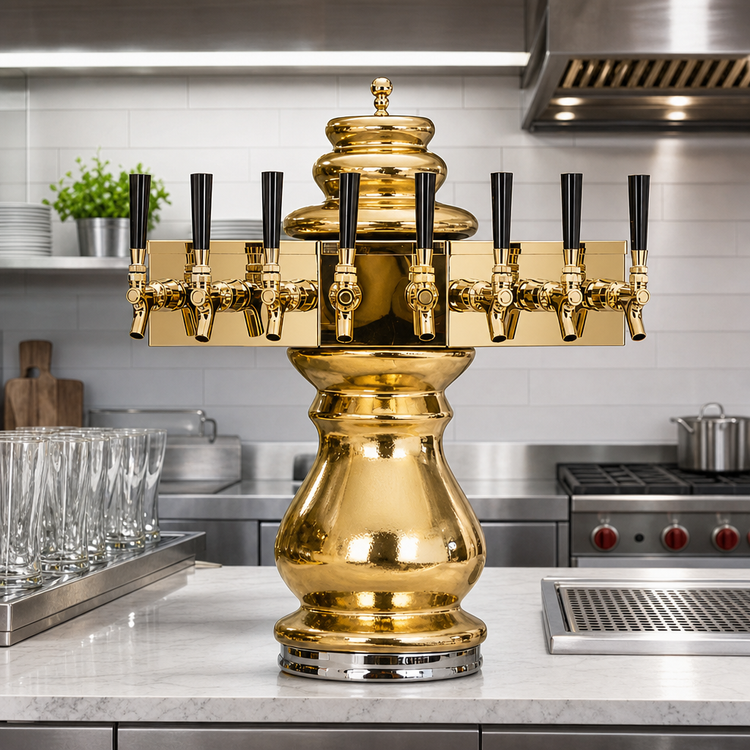 Product image #2 for Glastender Braumeister 5-Faucet Countertop Air-Cooled Draft Dispensing Tower, Polished Brass Finish
