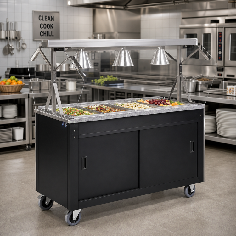 Product image #2 for 2-Series Affordable Portable 60-Inch Mobile 4-Pan Non-Refrigerated Cold Food Station with Buffet Breath Guard, Lights, and Granite Sliding-Door Base