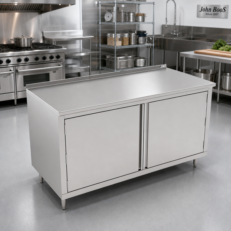Product image #2 for John Boos Enclosed Stainless Steel Work Table with Hinged Door Cabinet Base, 84 x 36 in., 14 Gauge 300-Series Top, 1-1/2 in. Rear Up-Turn