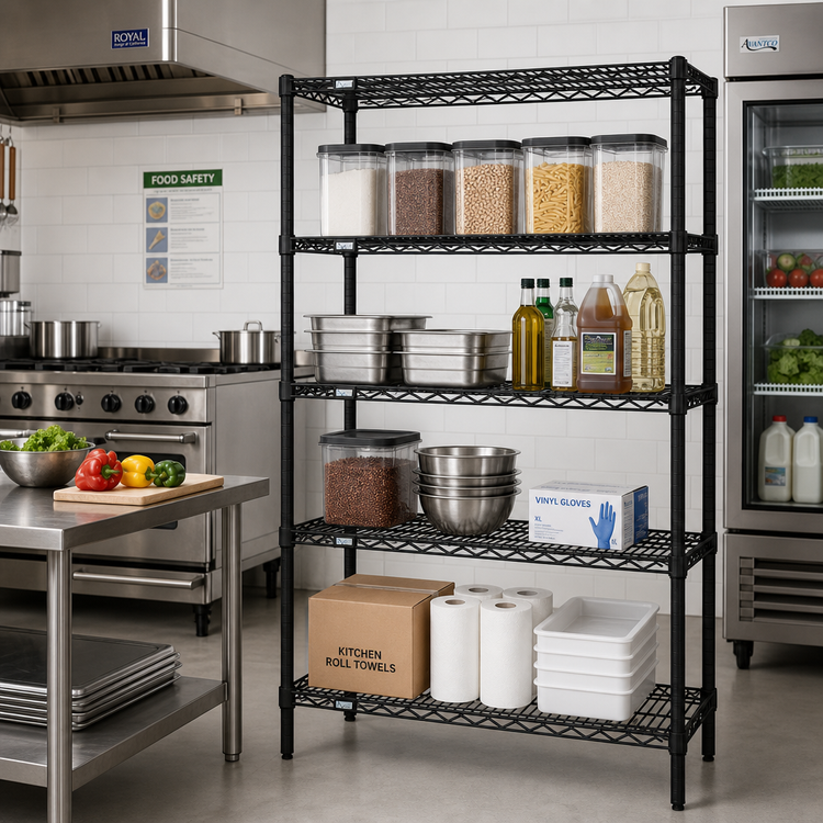 Product image #2 for Quantum 42 Inch x 14 Inch x 63 Inch 4-Shelf Wire Shelving Starter Kit, Black Epoxy Antimicrobial Finish