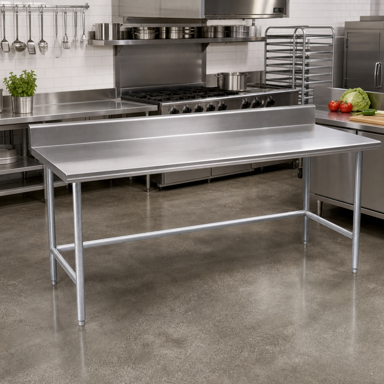 Product image #2 for Advance Tabco 120-Inch x 24-Inch 16-Gauge 304 Stainless Steel Work Table with 5-Inch Backsplash and Open Galvanized Base