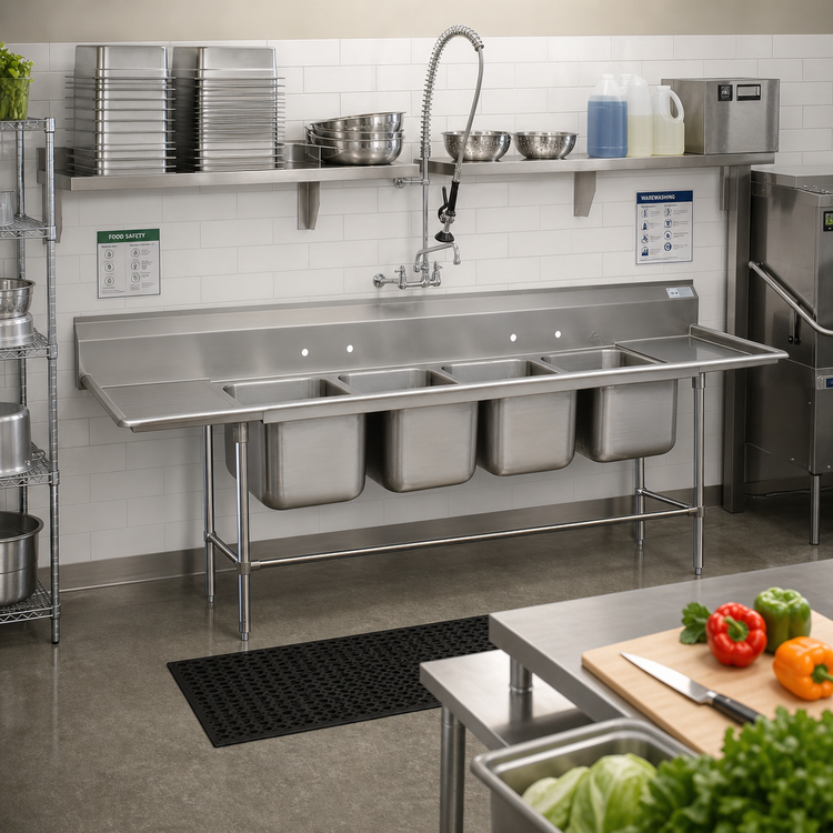 Product image #2 for Advance Tabco Regaline 4-Compartment Stainless Steel Sink with Left and Right Drainboards, 16 x 20 Bowls, 14 Gauge