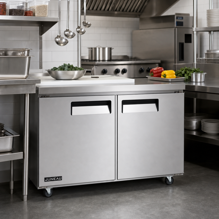 Product image #2 for Juneau 48-Inch 2-Section Undercounter Reach-In Freezer with Solid Doors, 6.7 Cu. Ft.