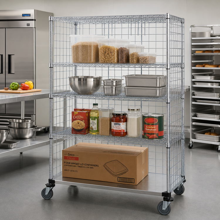 Product image #2 for Quantum Mobile Wire Enclosed Cart with 3 Wire Shelves and 1 Solid Shelf, 48 x 24 x 69 Inches