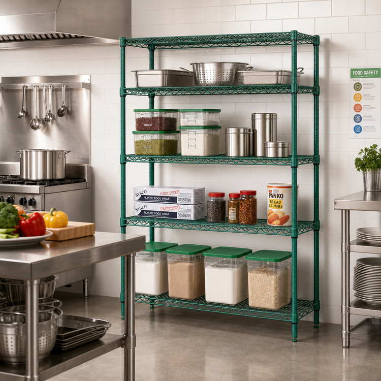 Product image #2 for Quantum Wire Shelving Starter Kit, 72W x 24D x 63H, 4-Shelf Stationary Unit, Green Epoxy Finish