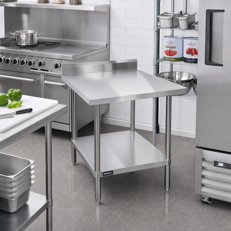 Product image #2 for Sapphire 30 Inch x 30 Inch Stainless Steel Corner Work Table with 5 Inch Backsplash and Open Undershelf