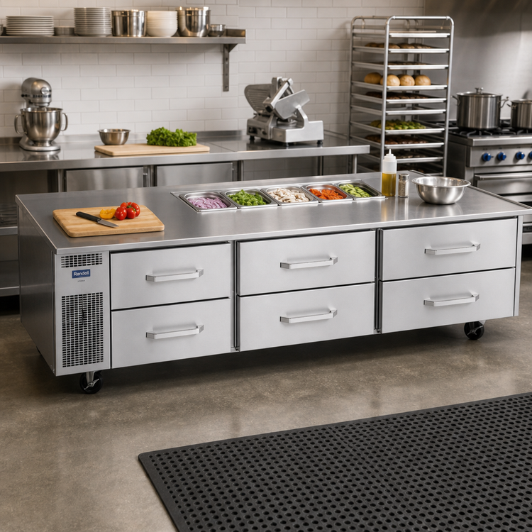 Product image #2 for Randell 120-Inch Three-Section Refrigerated Equipment Stand with 6 Drawers, Left-Side Compressor, 6-Inch Pan Capacity