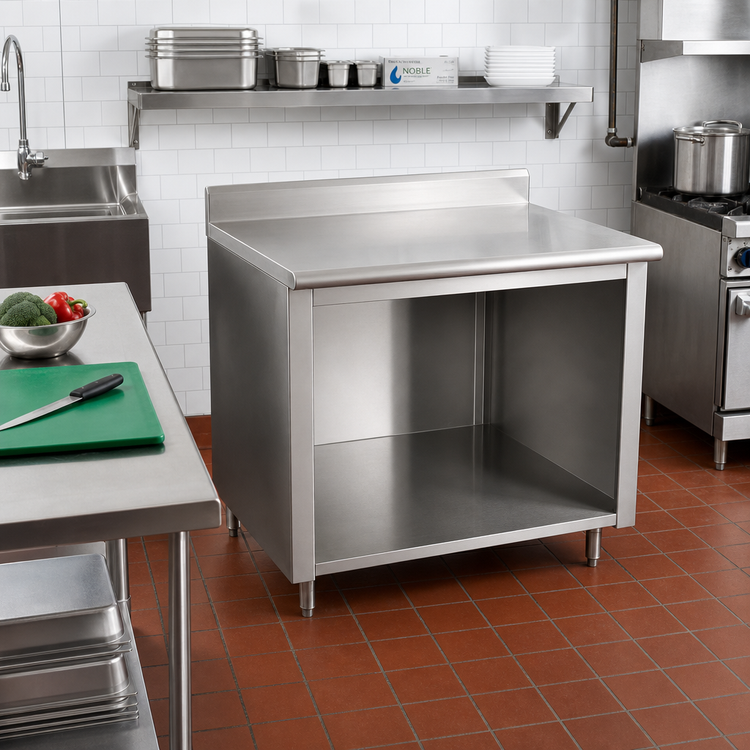 Product image #2 for Advance Tabco EK-SS-364 48" x 36" 14-Gauge 304 Stainless Steel Work Table with Open Front Cabinet Base and 5" Backsplash
