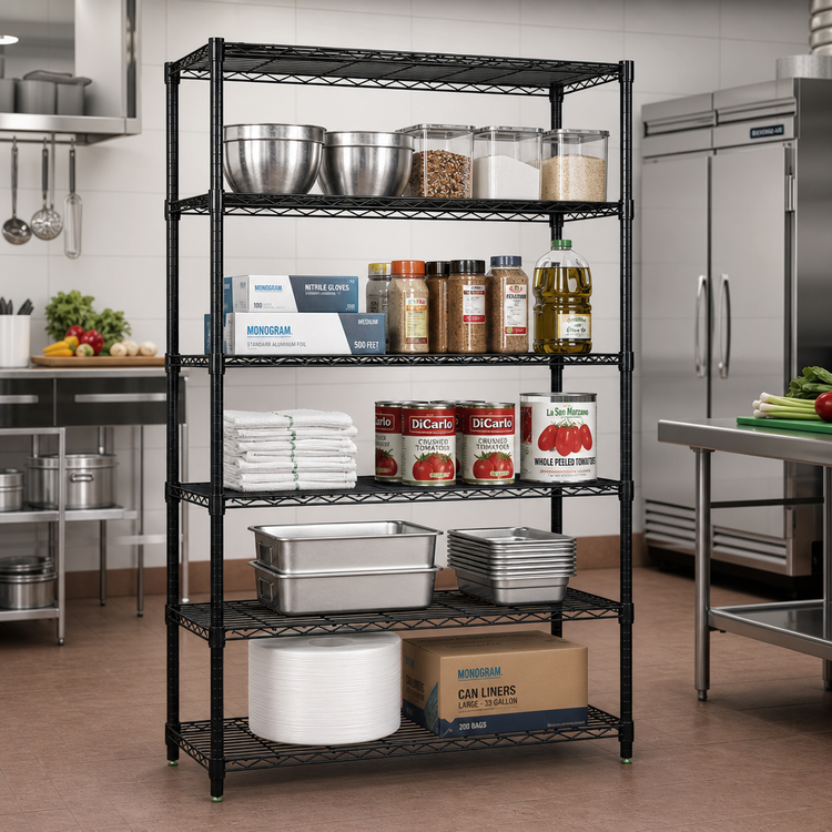 Product image #2 for Quantum 54-Inch W x 21-Inch D x 74-Inch H Wire Shelving Starter Kit with 5 Shelves, Black Epoxy Antimicrobial Finish