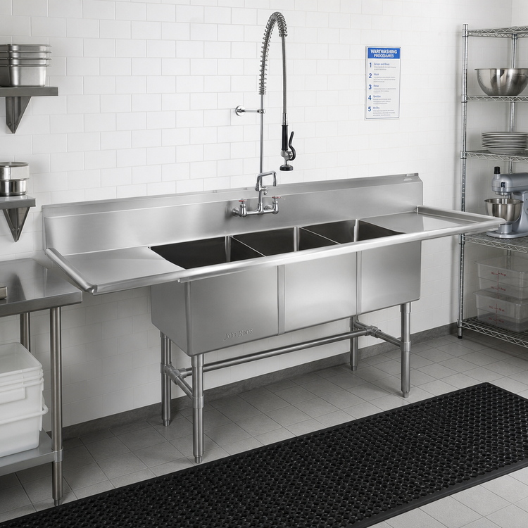 Product image #2 for John Boos B Series 3-Compartment Stainless Steel Sink with Left and Right Drainboards, 105-1/4" W x 29-1/2" D