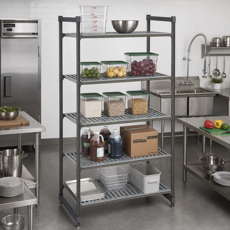 Product image #2 for Cambro Camshelving Basics Plus 5-Tier Stationary Starter Shelving Unit, 21 x 60 x 84 Inches, Vented Shelf Plates, Brushed Graphite