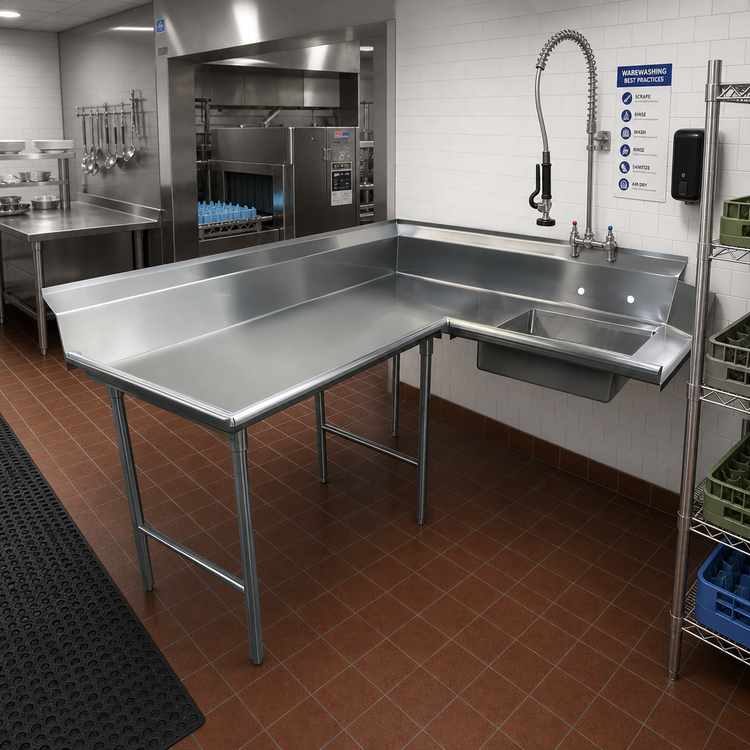 Product image #2 for Advance Tabco Korner Left-Hand L-Shaped Soil Dishtable with Pre-Rinse Sink, 107 Inch, 16 Gauge 304 Stainless Steel