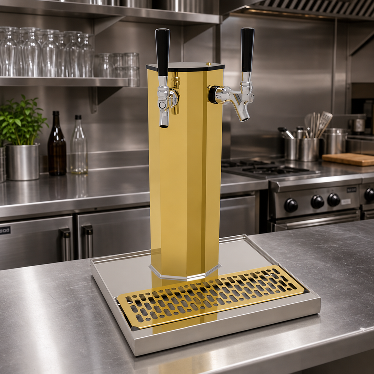 Product image #2 for Glastender Single-Column Countertop Air-Cooled Draft Dispensing Tower with 2 Faucets, Polished Brass Finish