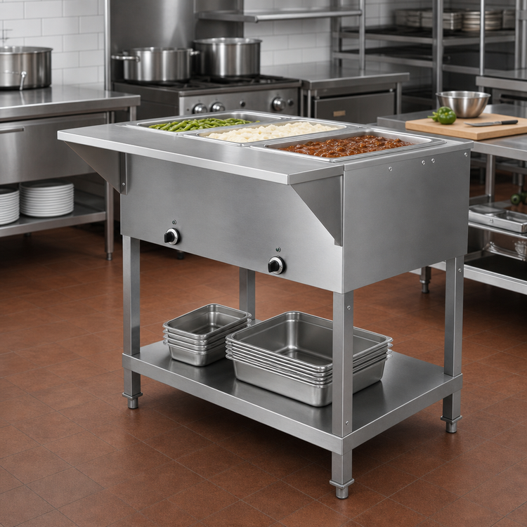 Product image #2 for 3-Pan Sealed Well Electric Steam Table with Open Shelf Base, 120V