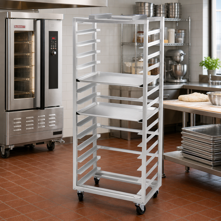 Product image #2 for Channel Standard Heavy-Duty Single Section Side-Loading Aluminum Oven Rack, 30-Pan Capacity, 4-Inch Phenolic Casters
