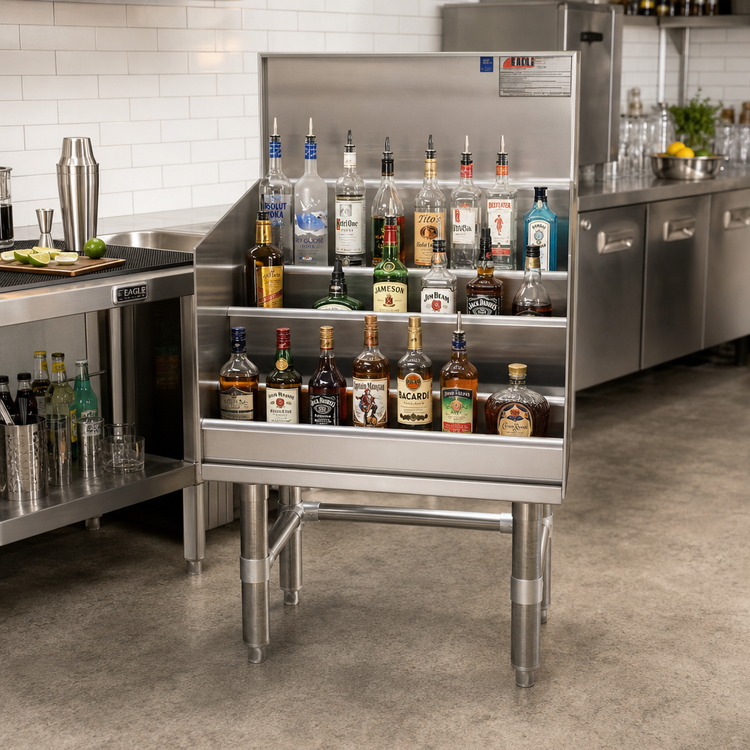 Product image #2 for Eagle Group Spec-Bar 36-Inch Wide x 24-Inch Deep Freestanding Stainless Steel Liquor Bottle Display Unit, 4-Step, No Speed Rail