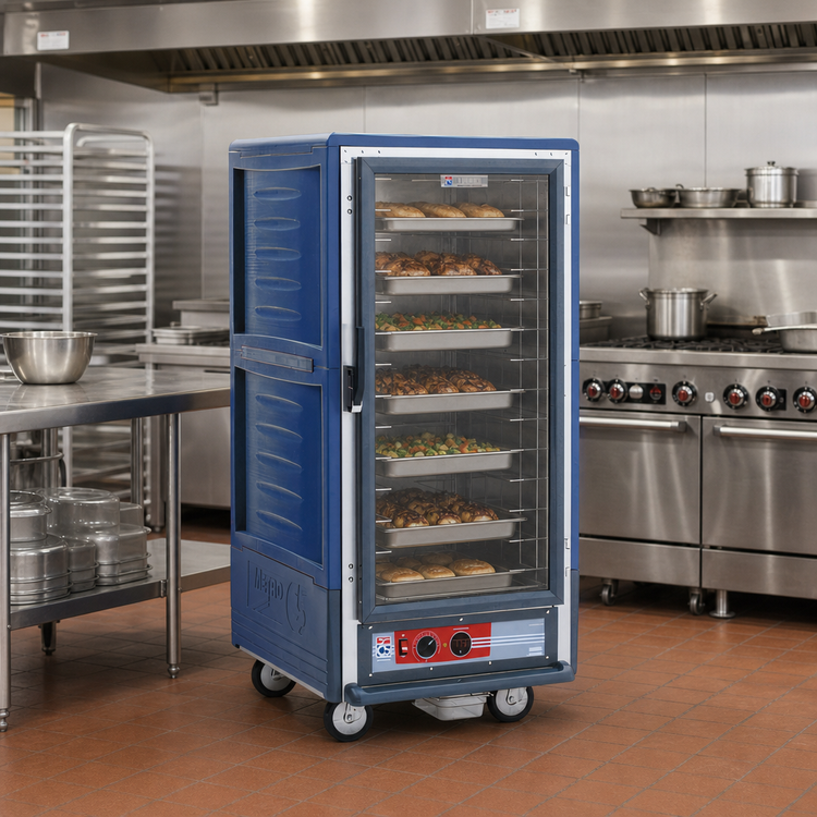 Product image #2 for Metro C5 3 Series Mobile 3/4 Height Heated Holding Cabinet with Clear Polycarbonate Door, Fixed Wire Slides, Blue Insulation Armour