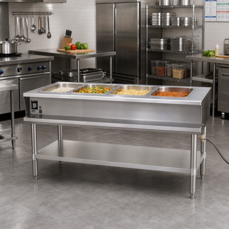 Product image #2 for Eagle Group 63-1/2 Inch Water Bath Hot Food Table, Open Base with Undershelf, Liquid Propane, 4-Well
