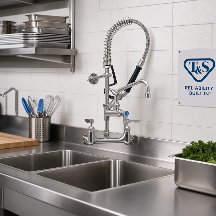 Product image #3 for T&S Brass Mini Pre-Rinse Unit with 8 Inch Wall-Mount Mixing Faucet, 6 Inch Swing Nozzle, and 24 Inch Hose