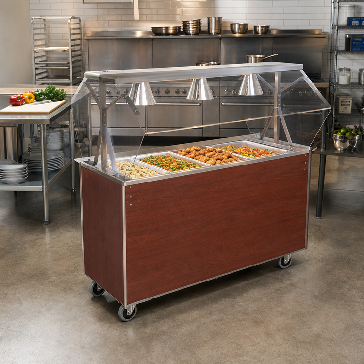 Product image #2 for Vollrath 2-Series Affordable Portable 4-Pan Non-Refrigerated Cold Food Station with Buffet Breath Guard, Open Storage Base, Cherry Woodgrain, Lights, 120V