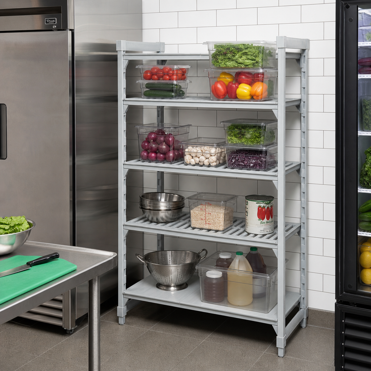 Product image #3 for Cambro Camshelving Premium 4-Tier Stationary Starter Unit, 42" W x 24" D x 64" H, 3 Vented + 1 Solid Shelves, Speckled Gray