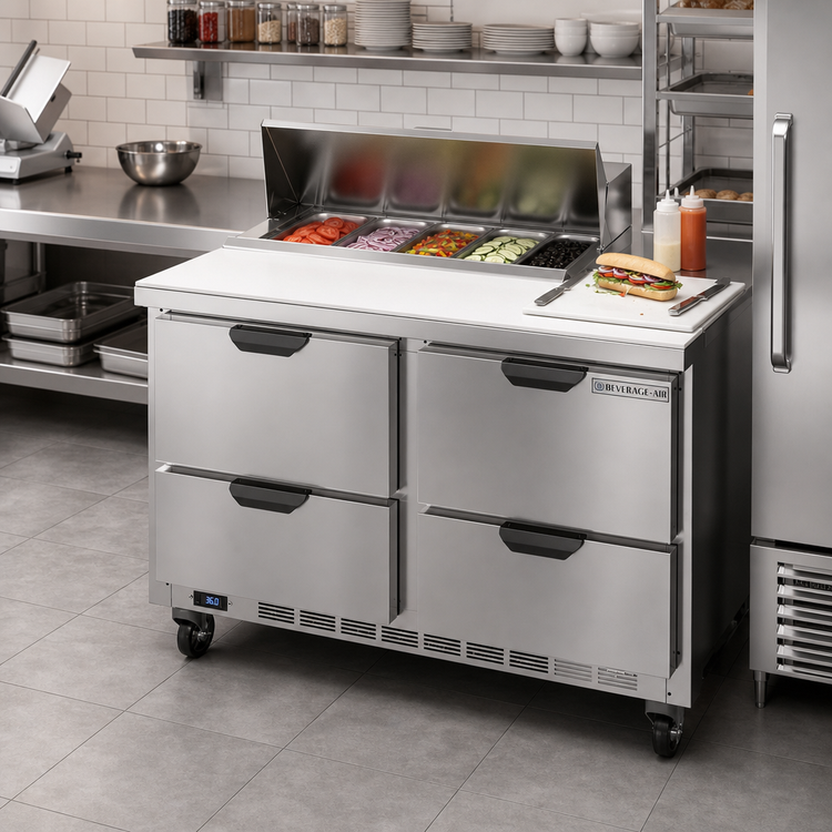 Product image #3 for Beverage-Air SPED48HC-08-4 48-Inch Two-Section Sandwich Prep Table with 4 Drawers and 8-Pan Top