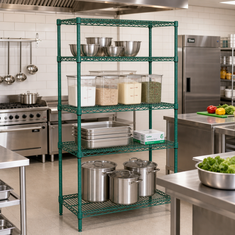 Product image #2 for Quantum 24" x 18" x 74" Stationary Wire Shelving Starter Kit, 4 Shelves, Green Epoxy Finish