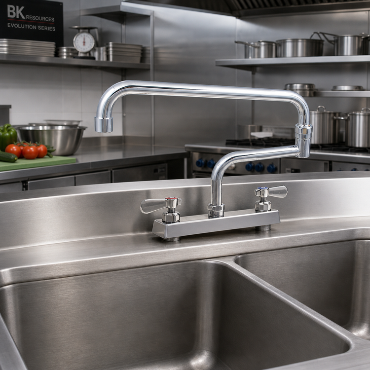 Product image #2 for BK Resources Evolution Deck-Mount Manual Faucet with 18-Inch Double Joint Swing Spout, 8-Inch Centers