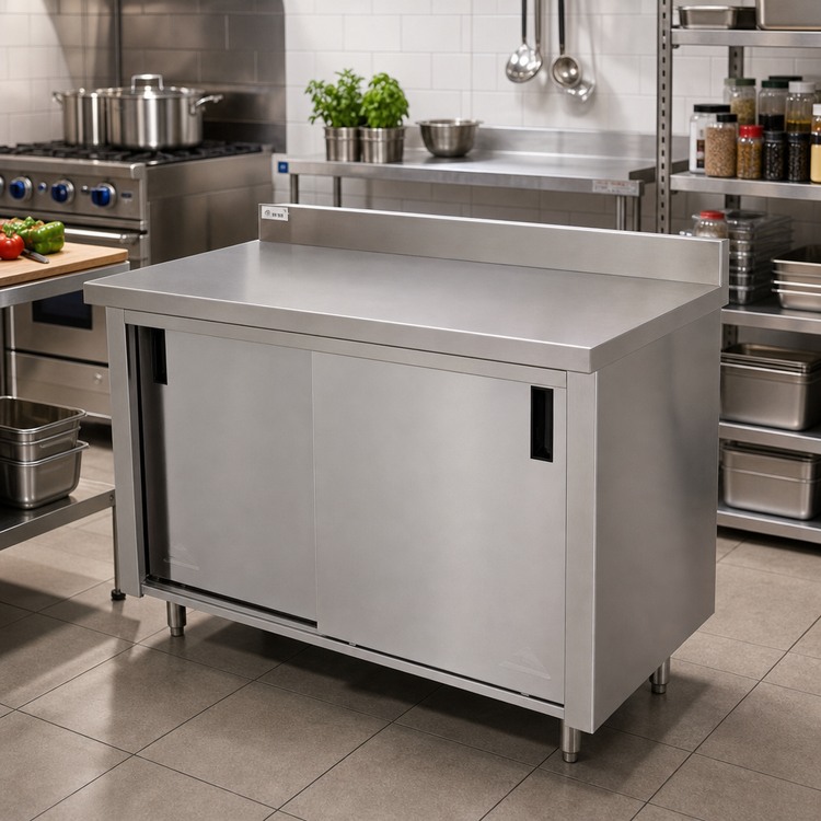 Product image #2 for Advance Tabco Special Value Series Enclosed Work Table with Cabinet Base, Sliding Doors, and Mid-Shelf, 48 x 24 Inches, 304 Stainless Steel Top